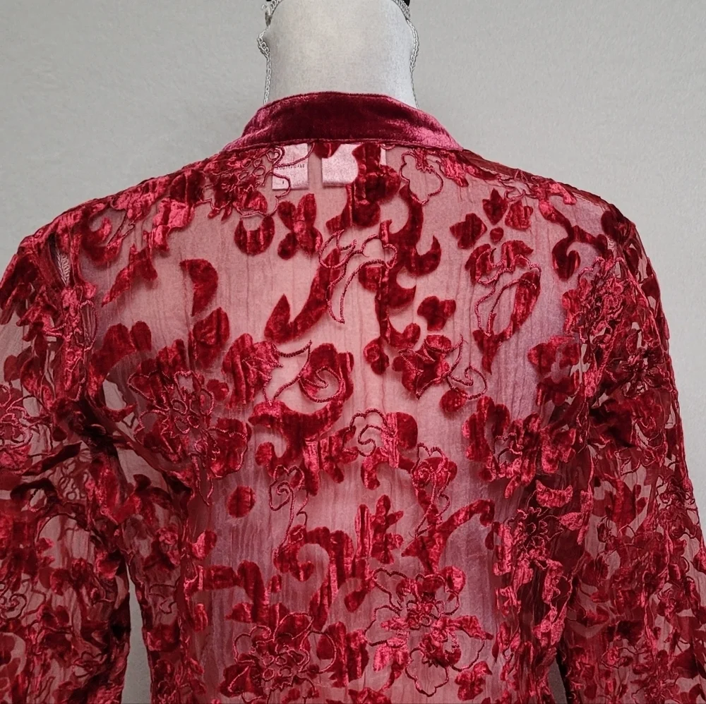 Chico's 90s Vintage Red Burnout Velvet Floral Sheer Mesh Open Front Cardi Jacket